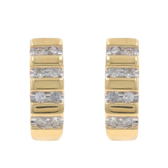 Yellow Gold Diamond J-Hoop Earrings - 14k Single Cut .25ctw Stripes Pierced